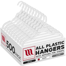 Perchas Mainetti 496 de 12" de plástico blanco para camisas y vestidos, con muescas para correas