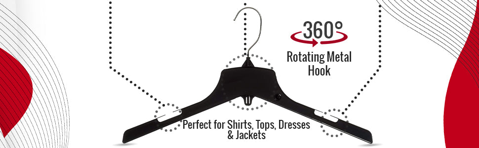 17" Heavy Duty Black Plastic, Jacket Coat Outerwear Hangers, with standard turnable metal hook (Mainetti 3328)