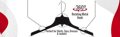 17" Heavy Duty Black Plastic, Jacket Coat Outerwear Hangers, with standard turnable metal hook (Mainetti 3328)