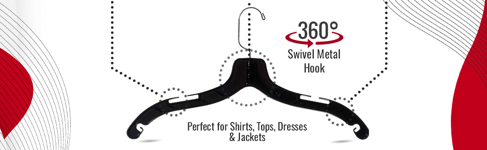 17" Shirt Top Dress Hangers with 360° Swivel Metal Hook & Notches for Straps Black Plastic (Mainetti 5400)