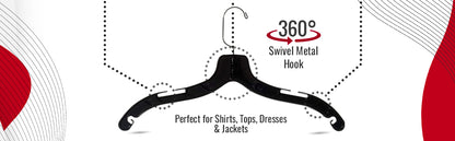 17" Shirt Top Dress Hangers with 360° Swivel Metal Hook & Notches for Straps Black Plastic (Mainetti 5400)