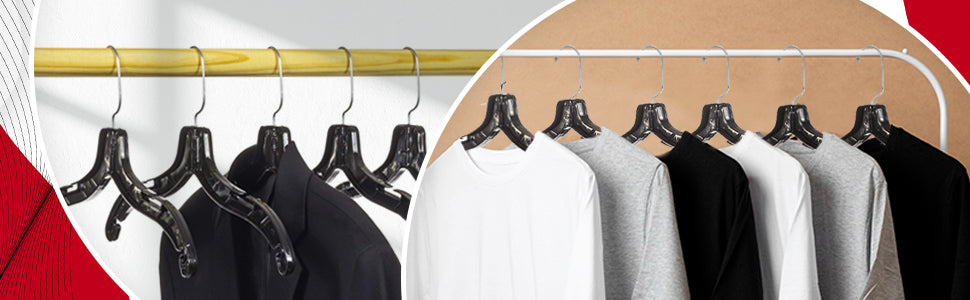 17" Shirt Top Dress Hangers with 360° Swivel Metal Hook & Notches for Straps Black Plastic (Mainetti 5400)