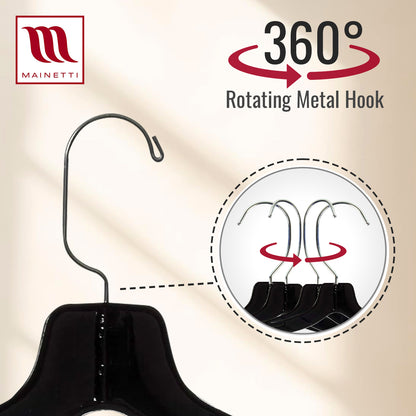 17" Shirt Top Dress Hangers with 360° Swivel Metal Hook & Notches for Straps Black Plastic (Mainetti 5400)