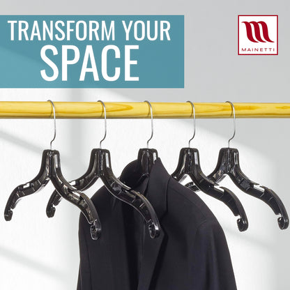 17" Shirt Top Dress Hangers with 360° Swivel Metal Hook & Notches for Straps Black Plastic (Mainetti 5400)