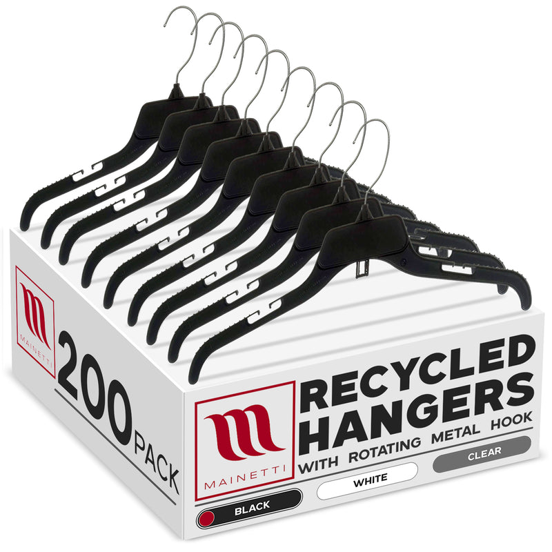 Mainetti 484, 17" NEW Black Plastic, Shirt Top Dress Hangers, with turnable metal hook and notches for straps