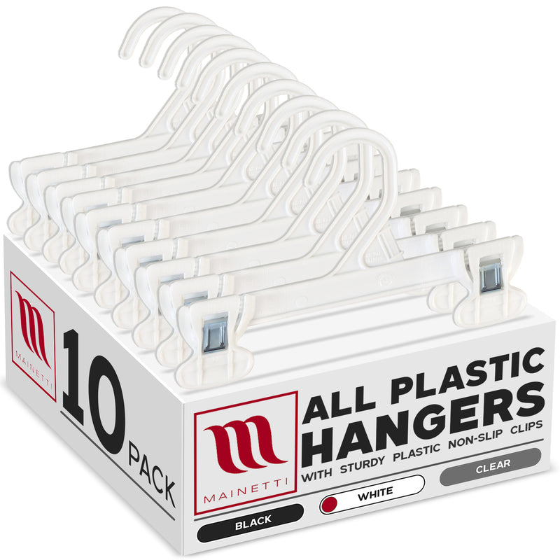 Mainetti 6108, 8" White all Plastic, Pant Skirt Slack Bottom Hangers, with sturdy plastic non-slip clips
