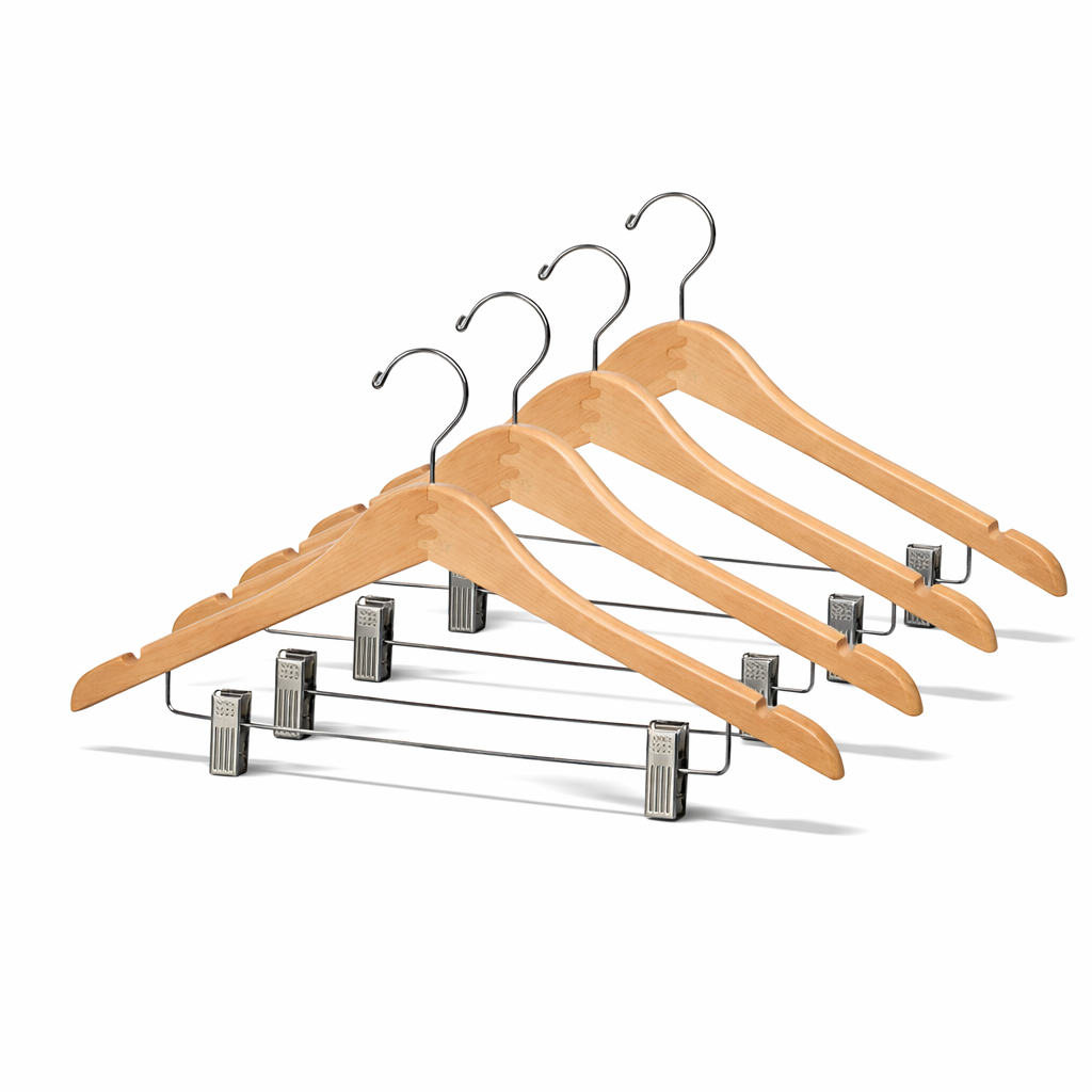 17" Suit Hanger Contoured Wood with Metal Clips