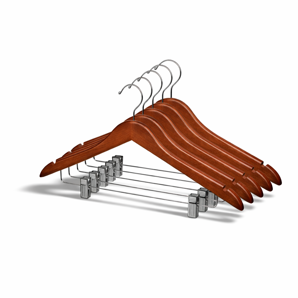 Percha de madera para trajes de 17" con pinzas metálicas