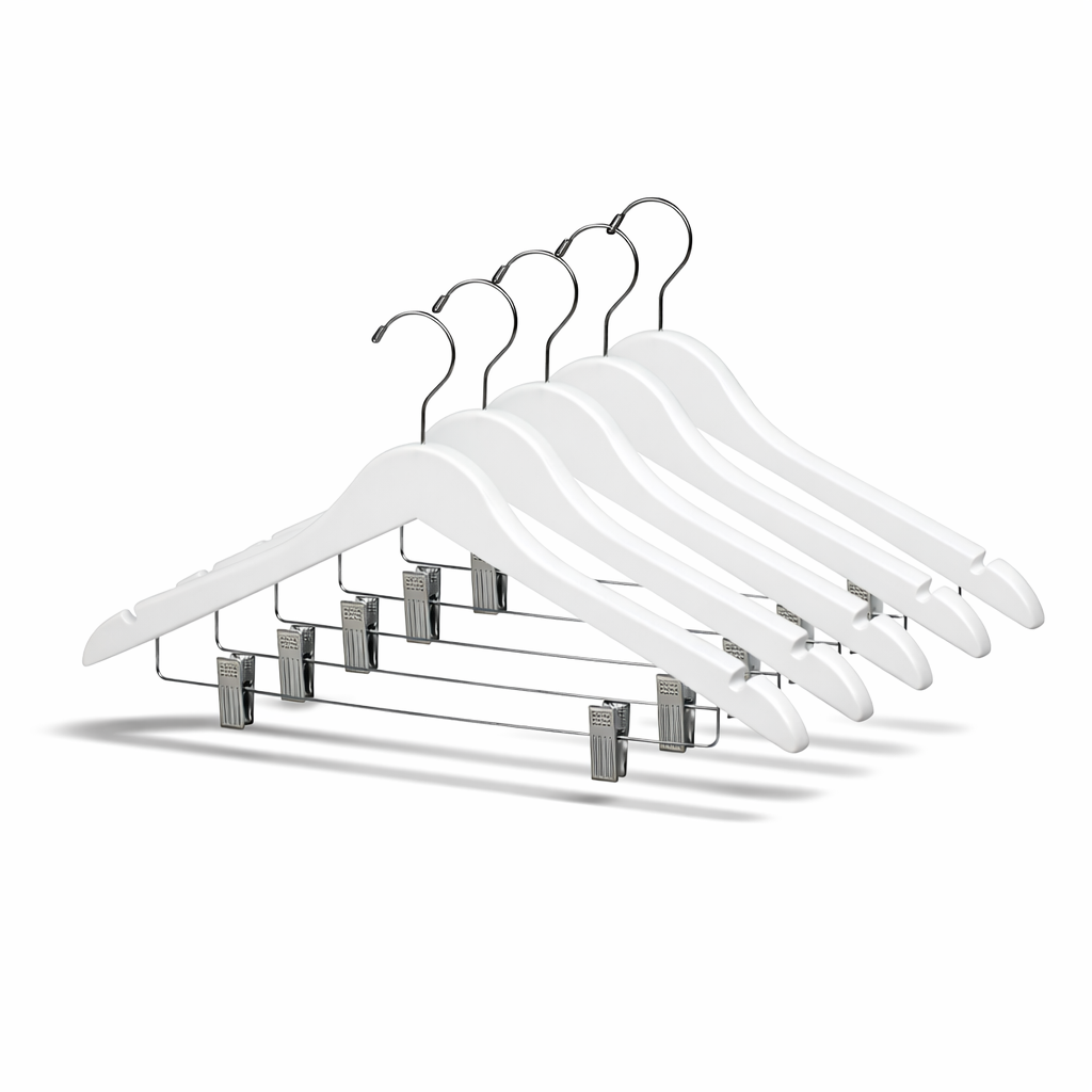 Percha de madera para trajes de 17" con pinzas metálicas