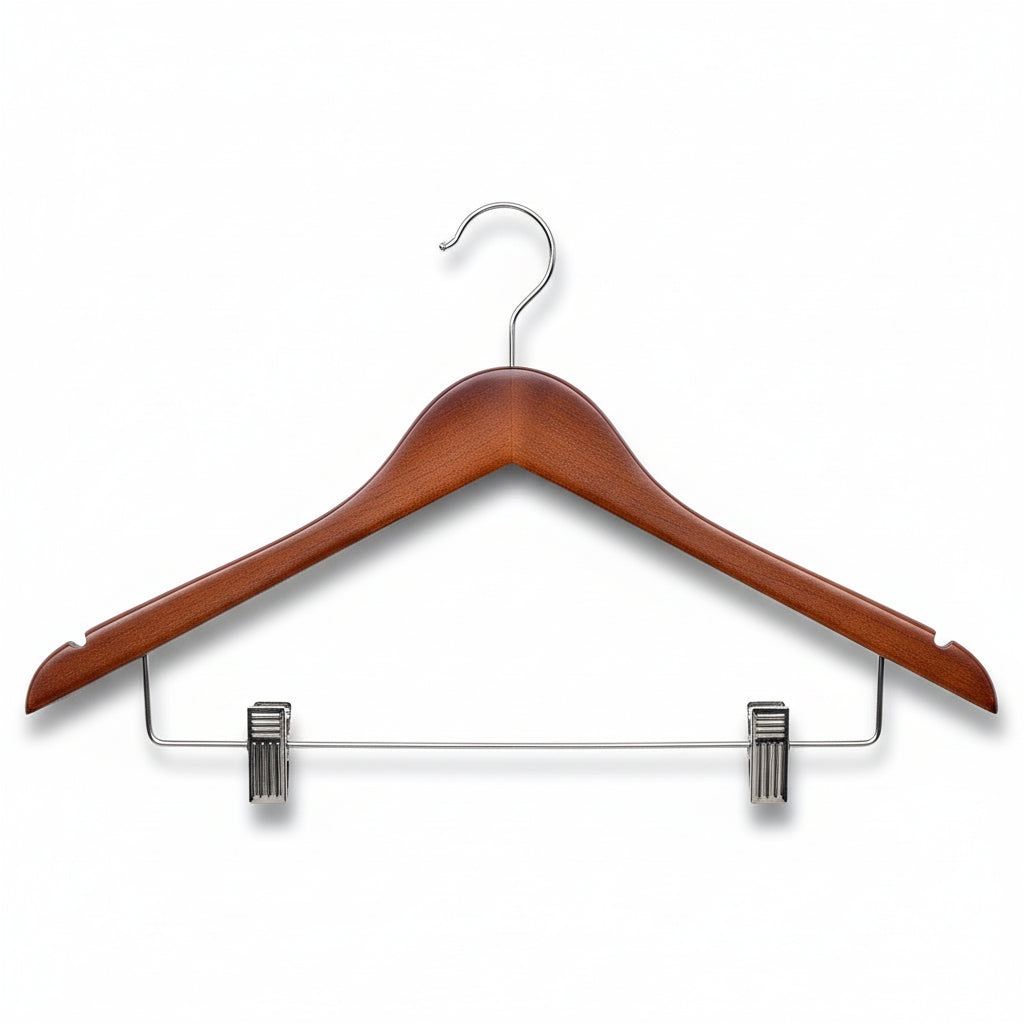 Percha de madera para trajes de 17" con pinzas metálicas