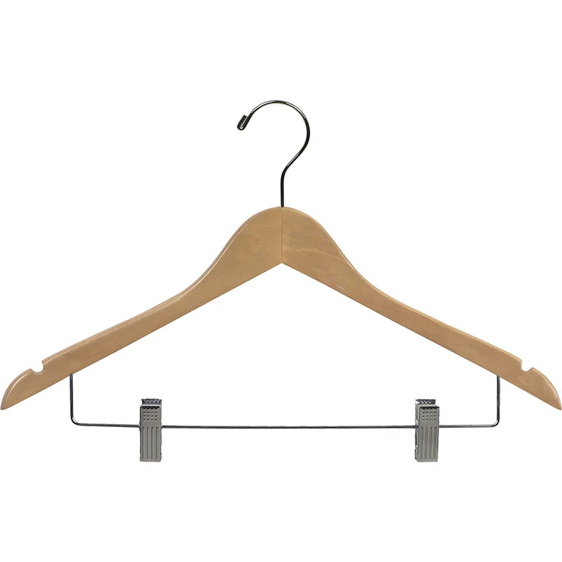 17" Suit Hanger Contoured Wood with Metal Clips