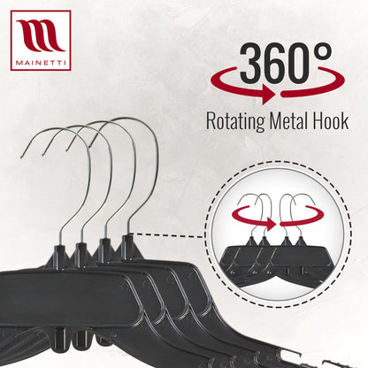 Perchas Mainetti 485 de plástico negro de 15" para camisas y vestidos, con gancho metálico giratorio y muescas para correas.