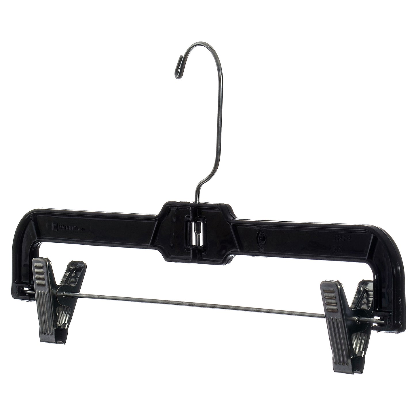 Cintres à Pantalons/Jupes de 14" avec Crochet Métallique Pivotant à 360° et Pinces Métalliques Rembourrées Antidérapantes Robustes en Plastique Noir (Mainetti 5131)