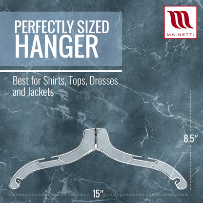 Perchas Mainetti 5400 de plástico transparente de 17" para camisas y vestidos, con gancho metálico giratorio de 360 ​​grados y muescas para correas.