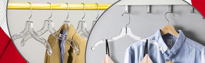 Cintres de 43 cm pour chemises, hauts et robes avec crochet métallique pivotant à 360° et encoches pour bretelles en plastique transparent (Mainetti 5400)