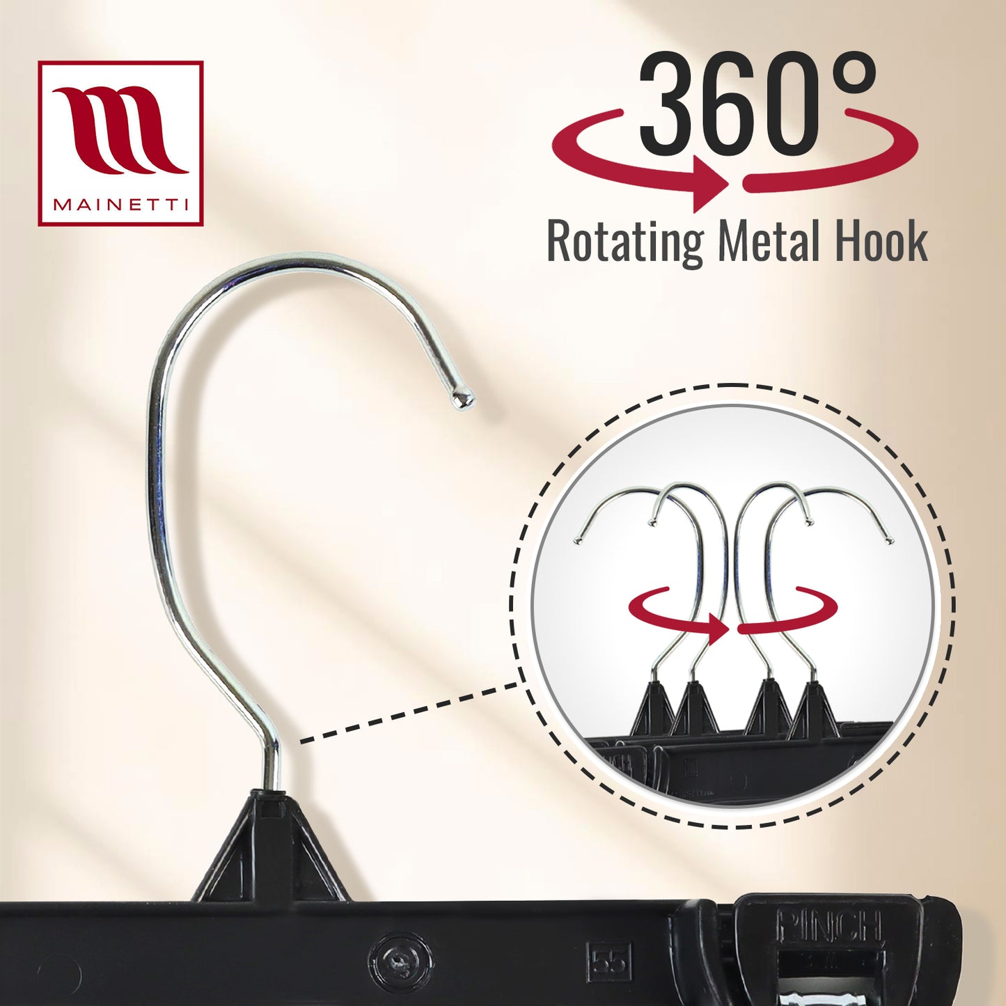 Cintres pour pantalon/jupe de 8" avec crochet métallique pivotant et pinces antidérapantes en plastique robuste, en plastique noir (Mainetti 6008)