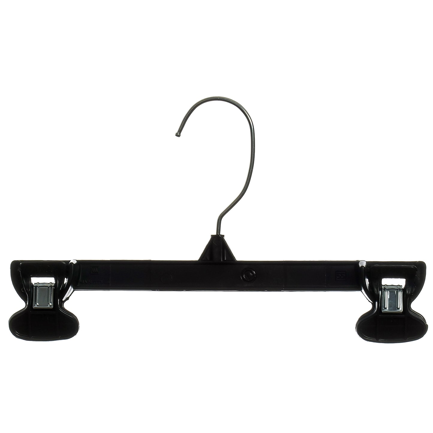 Perchas Mainetti 6010 de plástico negro de 10" para pantalones, faldas y pantalones holgados, con gancho metálico giratorio y pinzas antideslizantes de plástico resistente.