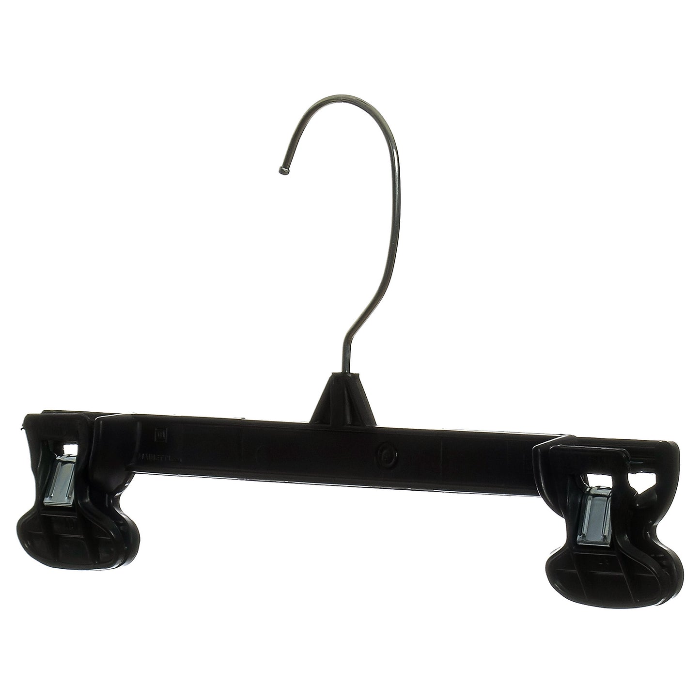 Perchas Mainetti 6010 de plástico negro de 10" para pantalones, faldas y pantalones holgados, con gancho metálico giratorio y pinzas antideslizantes de plástico resistente.