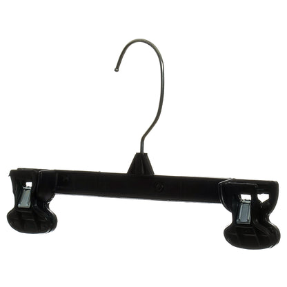 Perchas Mainetti 6010 de plástico negro de 10" para pantalones, faldas y pantalones holgados, con gancho metálico giratorio y pinzas antideslizantes de plástico resistente.