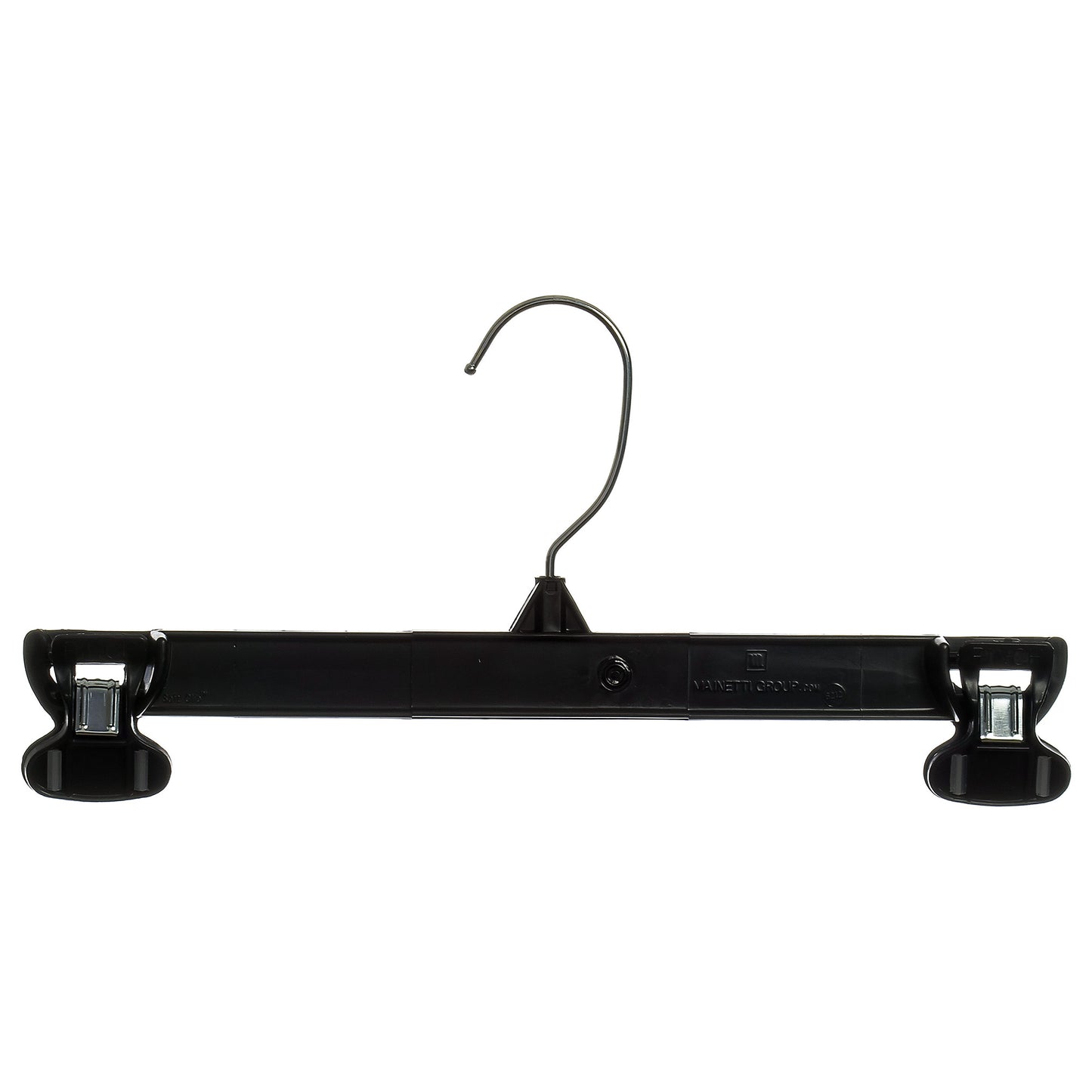12" Black Plastic Pant/Skirt Slack-Bottom Hangers With Turnable Metal Hook, Sturdy Padded Non-Slip Plastic Clips (Mainetti 6212)