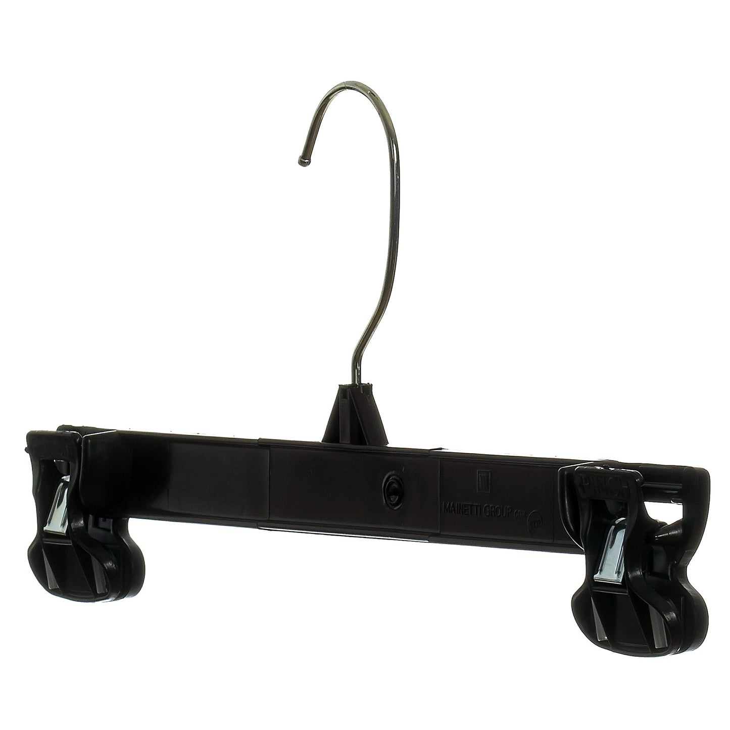 12" Black Plastic Pant/Skirt Slack-Bottom Hangers With Turnable Metal Hook, Sturdy Padded Non-Slip Plastic Clips (Mainetti 6212)