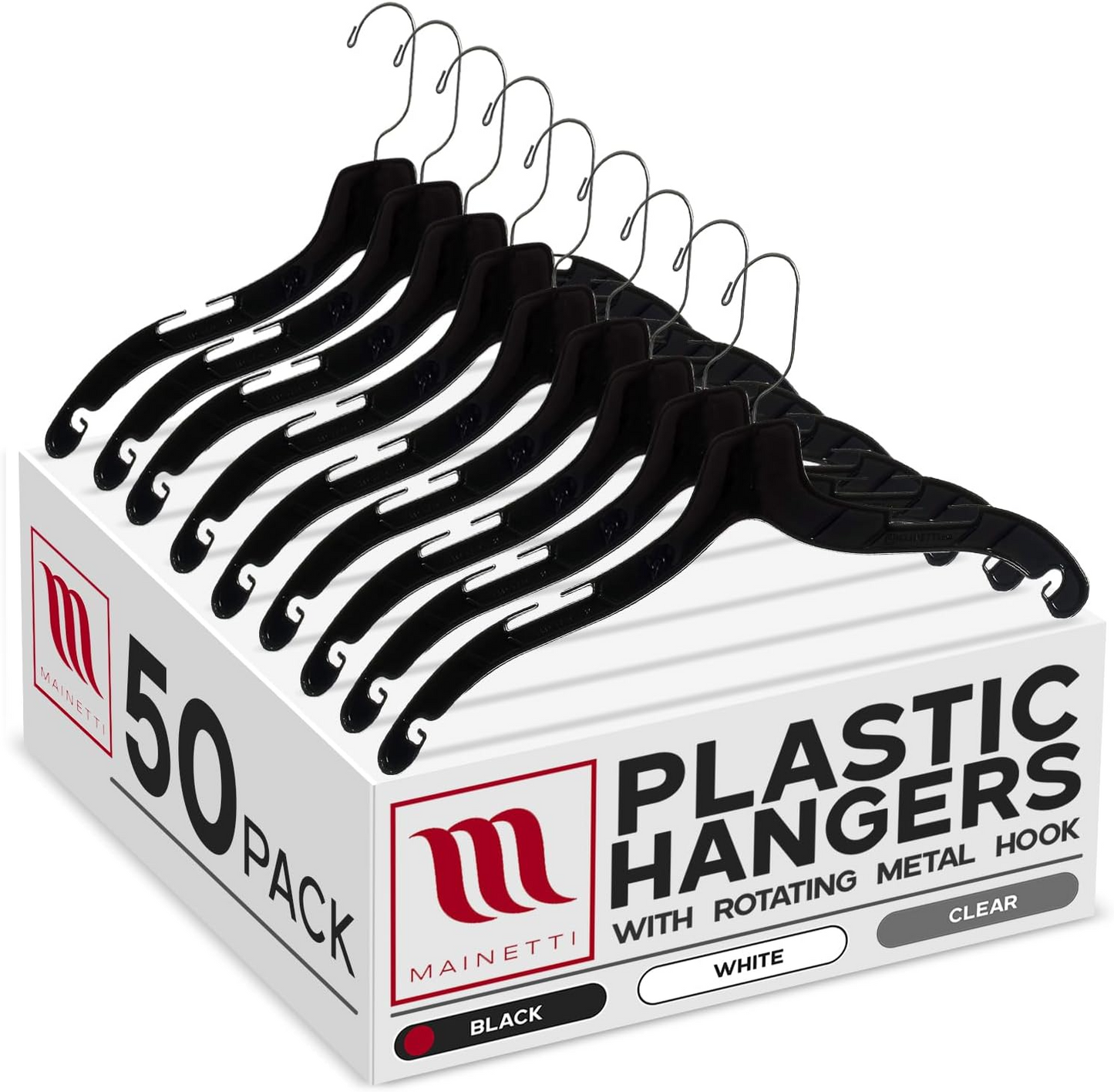 17" Shirt Top Dress Hangers with 360° Swivel Metal Hook & Notches for Straps Black Plastic (Mainetti 5400)