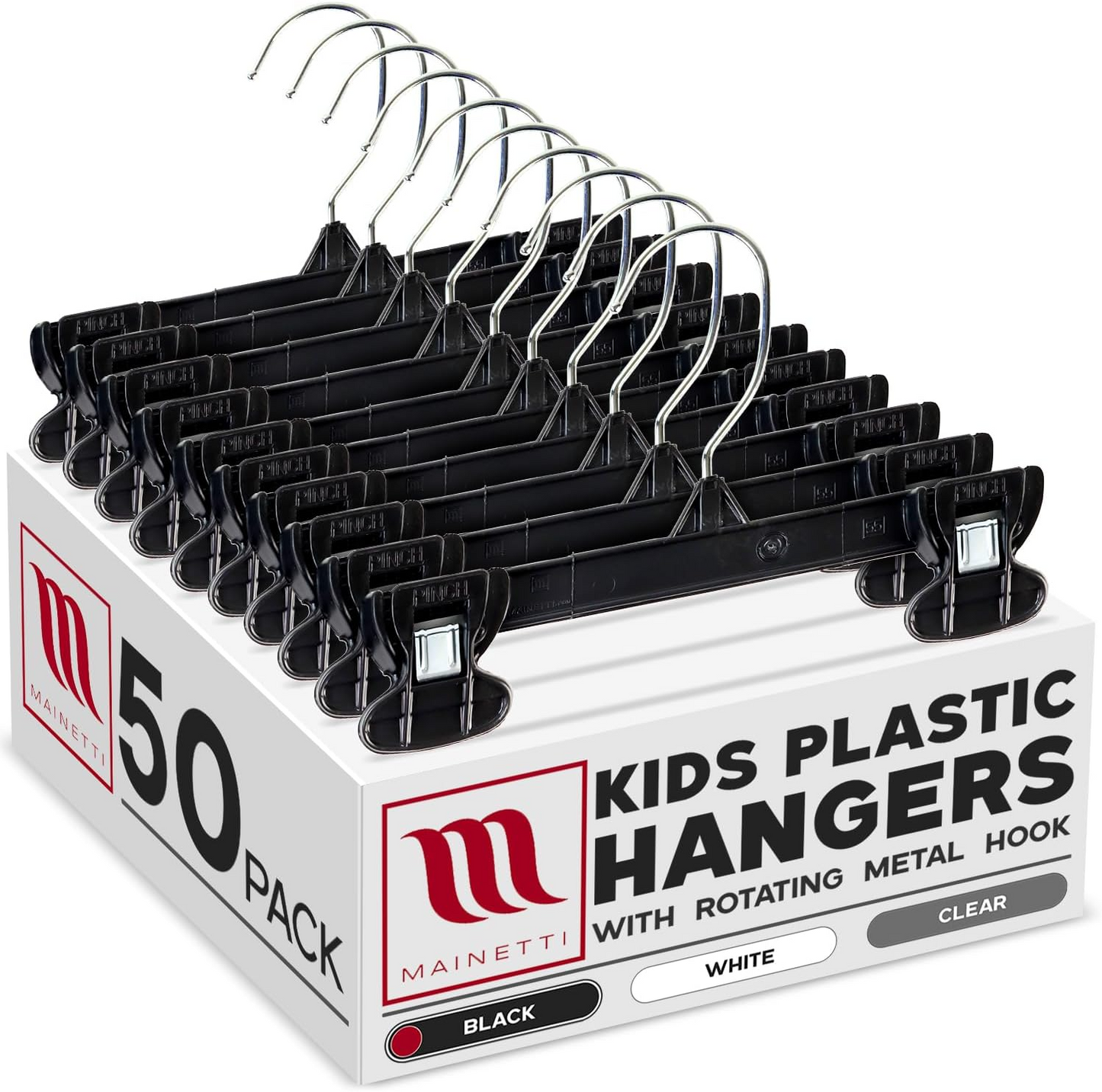 8" Pant/Skirt Bottom Hangers with Turnable Metal Hook & Sturdy Plastic Non-Slip Clips Black Plastic (Mainetti 6008)