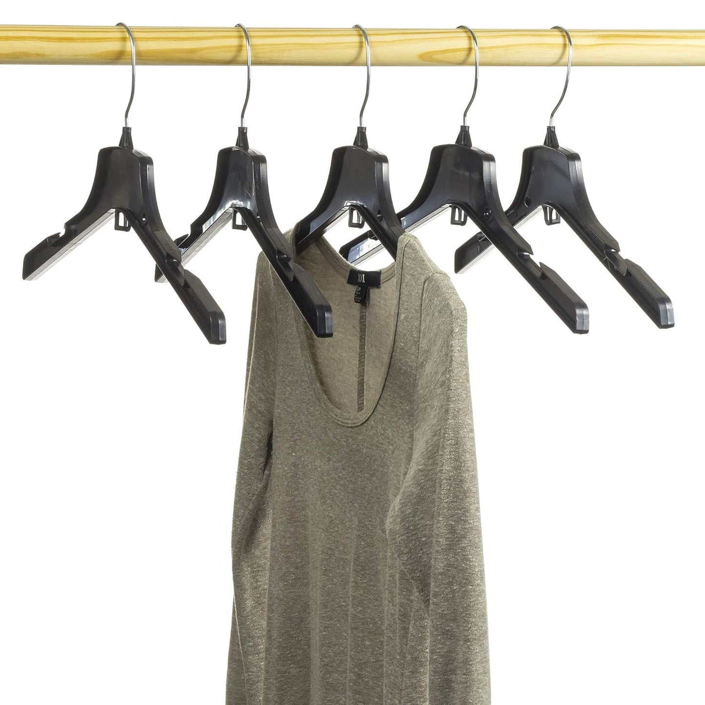 Cintres pour vestes/manteaux de 17 po avec crochet métallique pivotant standard, en plastique noir robuste (Mainetti 3328)