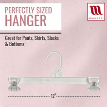Perchas Mainetti 6112 de 12" de plástico blanco para pantalones, faldas y pantalones holgados, con clips antideslizantes de plástico resistente.