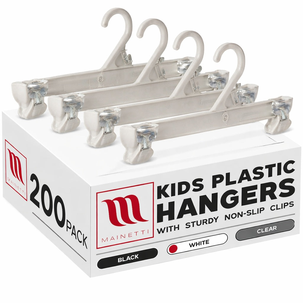 Cintres en plastique blanc de 30,5 cm pour pantalons, jupes et bas de pantalons avec pinces antidérapantes (Mainetti 6112)