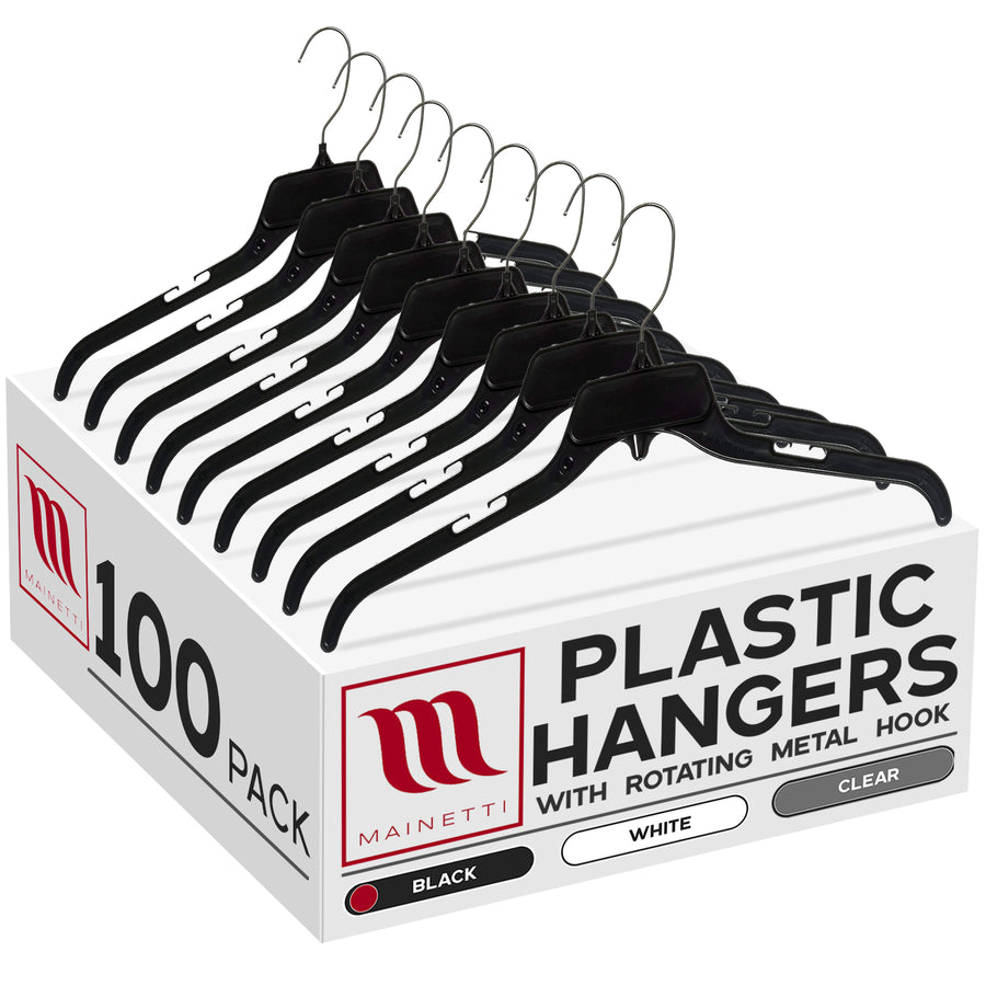 Mainetti 479, 19" Black Plastic, Shirt Top Dress Hangers, with turnable metal hook and notches for straps