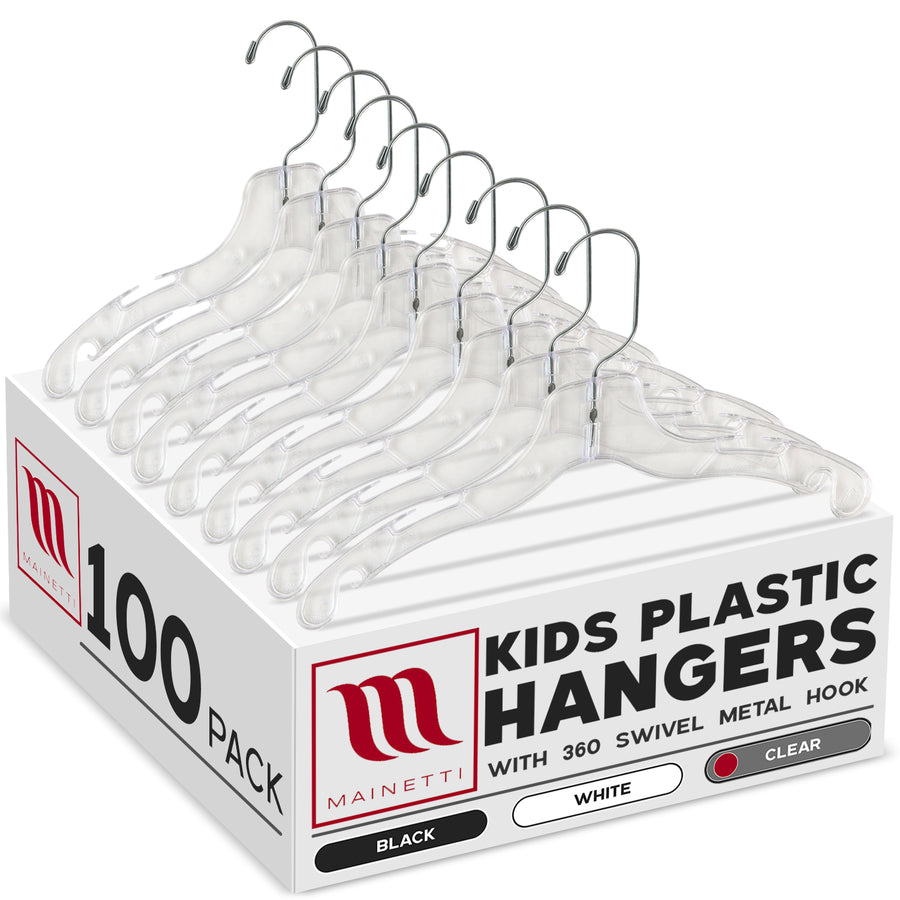 Mainetti 5075, 12" Clear Plastic, Children's Shirt Top Dress Hangers, with 360 swivel metal hook and notches for straps