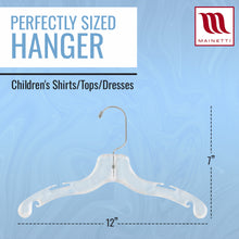 Perchas Mainetti 5075 de plástico transparente de 12" para camisas y vestidos infantiles, con gancho metálico giratorio de 360 ​​grados y muescas para correas.