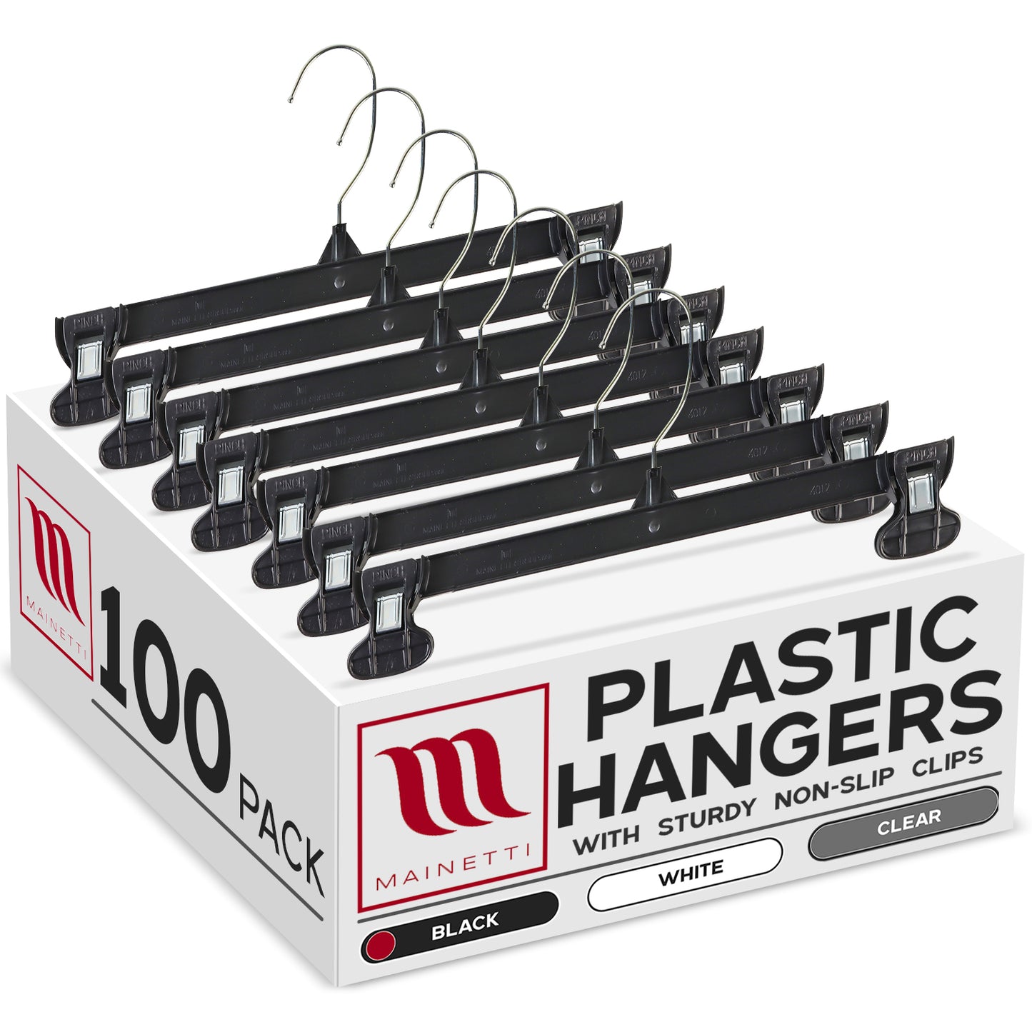 Cintres à Pantalons/Jupes de 30,5 cm avec Crochet Métallique Pivotant et Pinces Antidérapantes Robustes en Plastique Noir (Mainetti 6012)