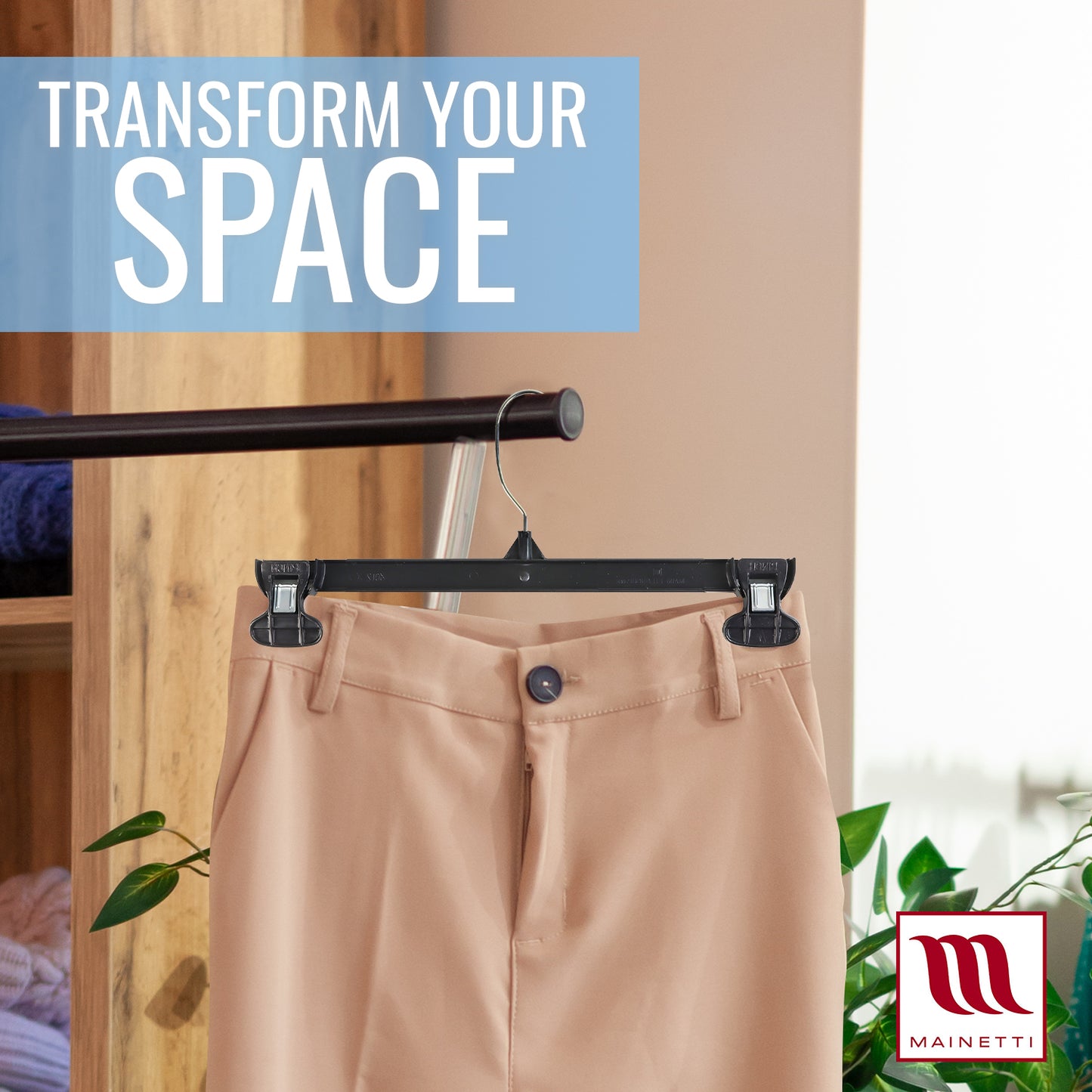 12" Black Plastic Pant/Skirt Slack Bottom Hangers With Turnable Metal Hook & Non-Slip Clips (Mainetti 6012)