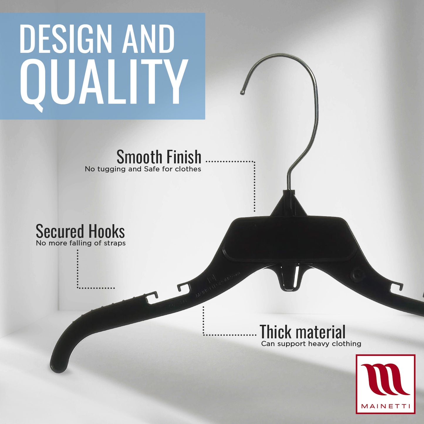 Perchas Mainetti 498 de plástico negro de 12" para camisas y vestidos, con gancho metálico giratorio y muescas para correas.