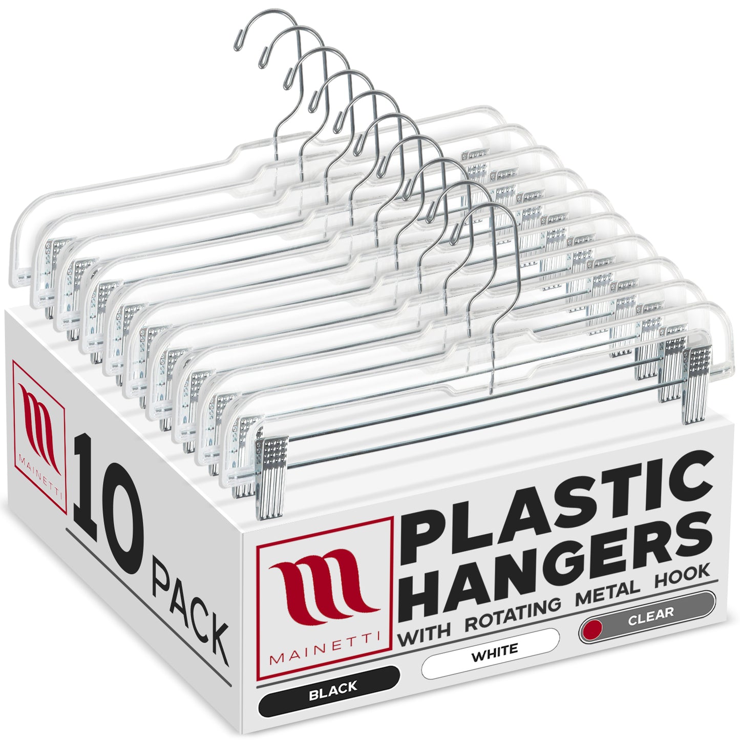 Perchas Mainetti 5131 de plástico transparente de 14" para pantalones, faldas y pantalones holgados, con gancho giratorio de 360 ​​grados y clips acolchados antideslizantes de metal resistentes.