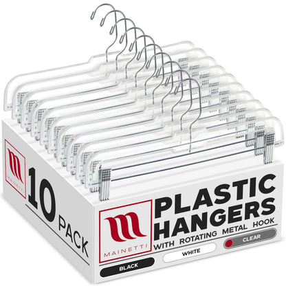 Perchas Mainetti 5131 de plástico transparente de 14" para pantalones, faldas y pantalones holgados, con gancho giratorio de 360 ​​grados y clips acolchados antideslizantes de metal resistentes.
