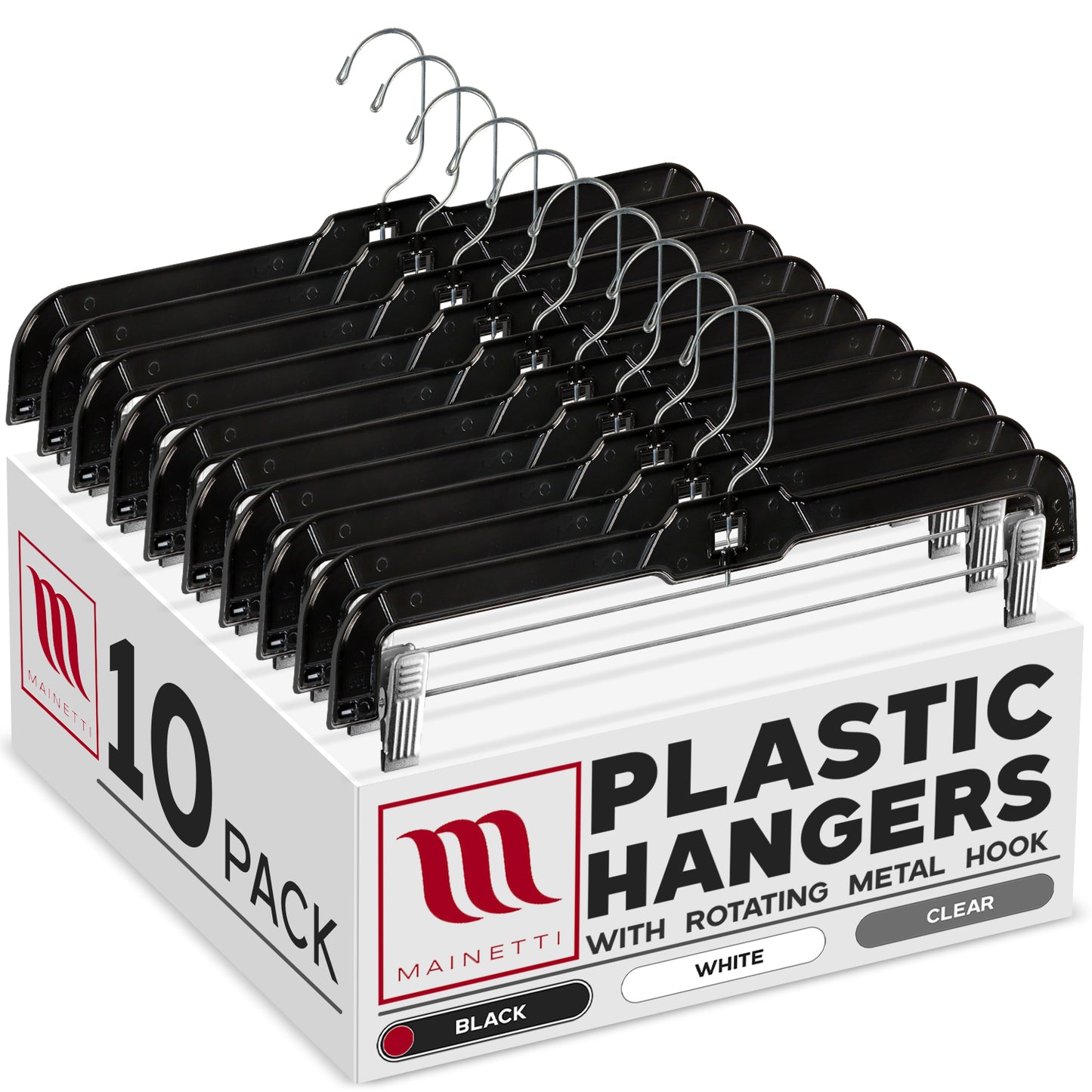 14" Pant/Skirt Bottom Hangers with 360° Swivel Metal Hook & Sturdy Metal Non-Slip Padded Clips Black Plastic (Mainetti 5131)
