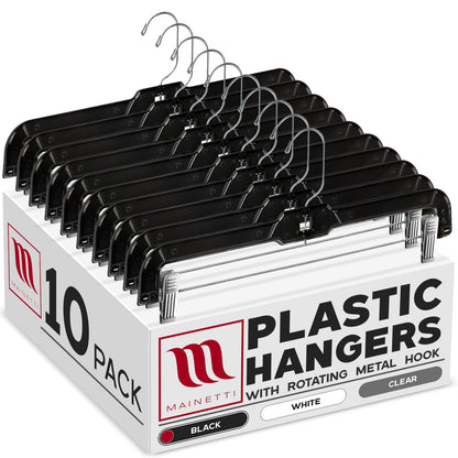 14" Pant/Skirt Bottom Hangers with 360° Swivel Metal Hook & Sturdy Metal Non-Slip Padded Clips Black Plastic (Mainetti 5131)
