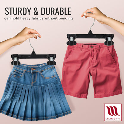 Cintres pour pantalon/jupe de 8" avec crochet métallique pivotant et pinces antidérapantes en plastique robuste, en plastique noir (Mainetti 6008)