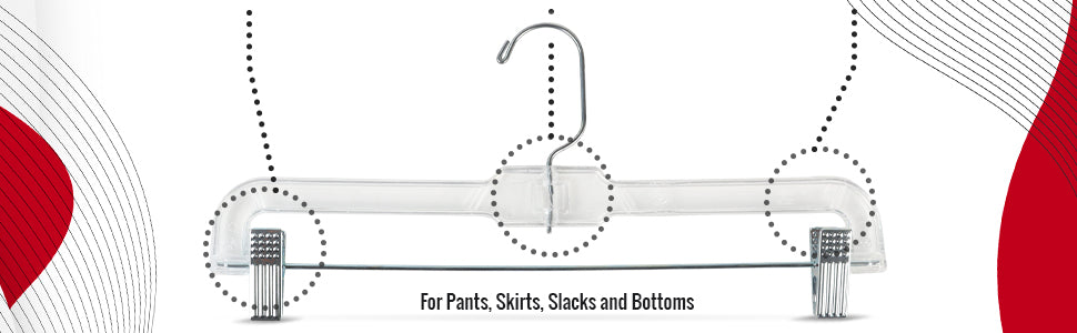14" Clear Plastic Pant/Skirt Hangers, Swivel Metal Hook, Non-Slip Padded Metal Clips (Mainetti 5131)