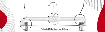 14" Clear Plastic Pant/Skirt Hangers, Swivel Metal Hook, Non-Slip Padded Metal Clips (Mainetti 5131)