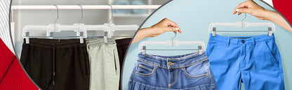 14" Clear Plastic Pant/Skirt Hangers, Swivel Metal Hook, Non-Slip Padded Metal Clips (Mainetti 5131)