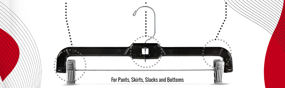 Cintres à Pantalons/Jupes de 14" avec Crochet Métallique Pivotant à 360° et Pinces Métalliques Rembourrées Antidérapantes Robustes en Plastique Noir (Mainetti 5131)