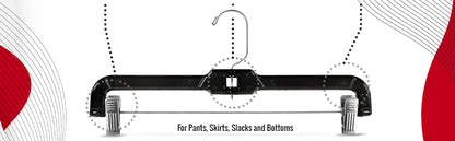 Cintres à Pantalons/Jupes de 14" avec Crochet Métallique Pivotant à 360° et Pinces Métalliques Rembourrées Antidérapantes Robustes en Plastique Noir (Mainetti 5131)