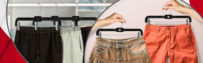 Cintres à Pantalons/Jupes de 14" avec Crochet Métallique Pivotant à 360° et Pinces Métalliques Rembourrées Antidérapantes Robustes en Plastique Noir (Mainetti 5131)