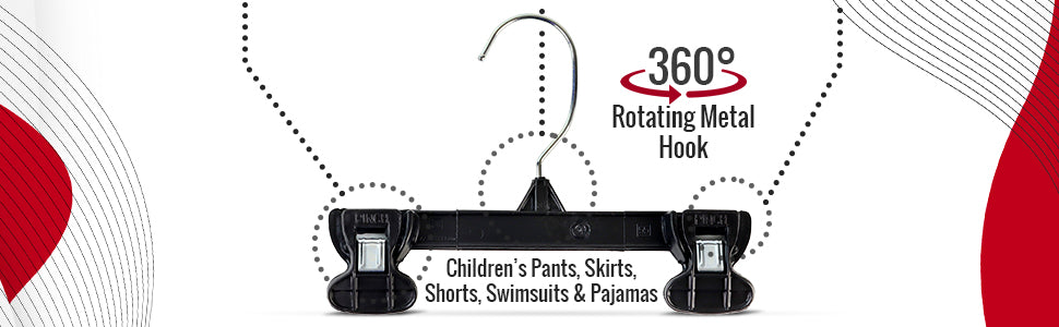 8" Pant/Skirt Bottom Hangers with Turnable Metal Hook & Sturdy Plastic Non-Slip Clips Black Plastic (Mainetti 6008)