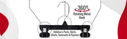 8" Pant/Skirt Bottom Hangers with Turnable Metal Hook & Sturdy Plastic Non-Slip Clips Black Plastic (Mainetti 6008)