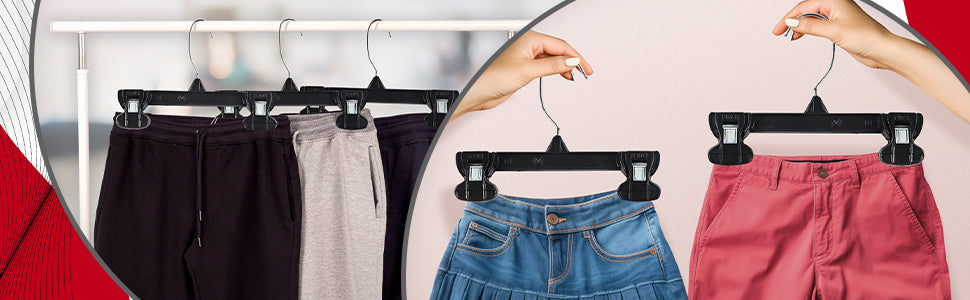 8" Pant/Skirt Bottom Hangers with Turnable Metal Hook & Sturdy Plastic Non-Slip Clips Black Plastic (Mainetti 6008)